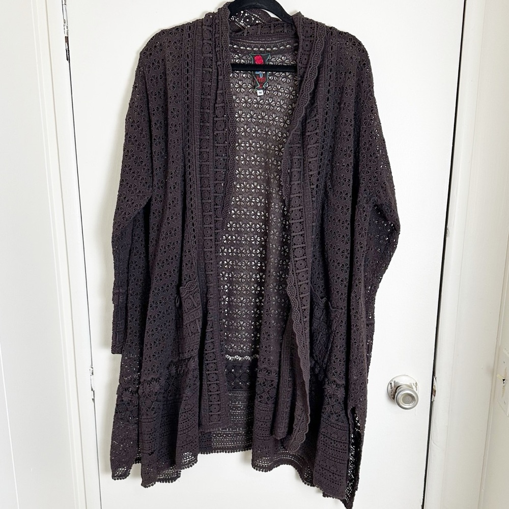 Johnny Was Crochet Lace Longline Kimono Brown 1X